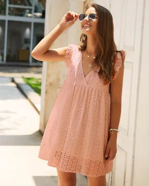 Cotton Short Sleeve A Line Bohemian Mini Flared Dresses White Lace Eyelet