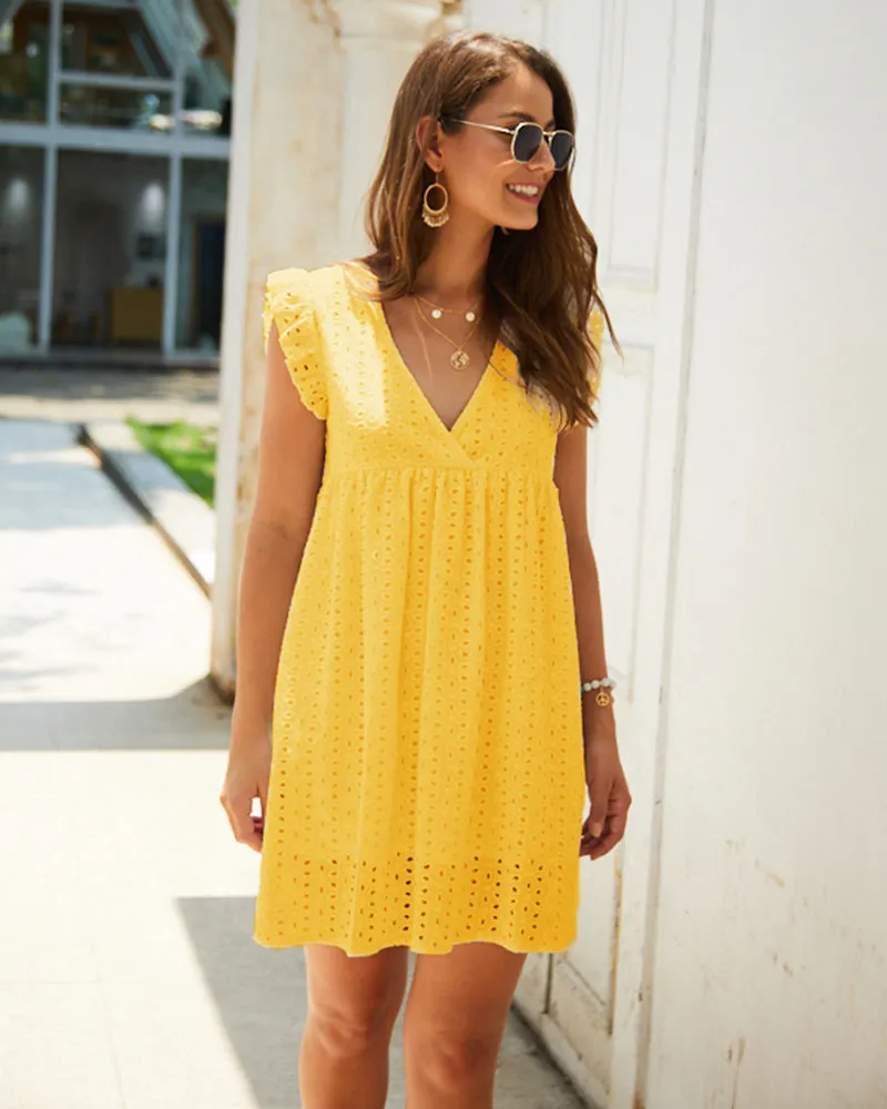 Cotton Short Sleeve A Line Bohemian Mini Flared Dresses White Lace Eyelet