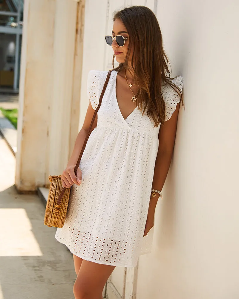 Cotton Short Sleeve A Line Bohemian Mini Flared Dresses White Lace Eyelet