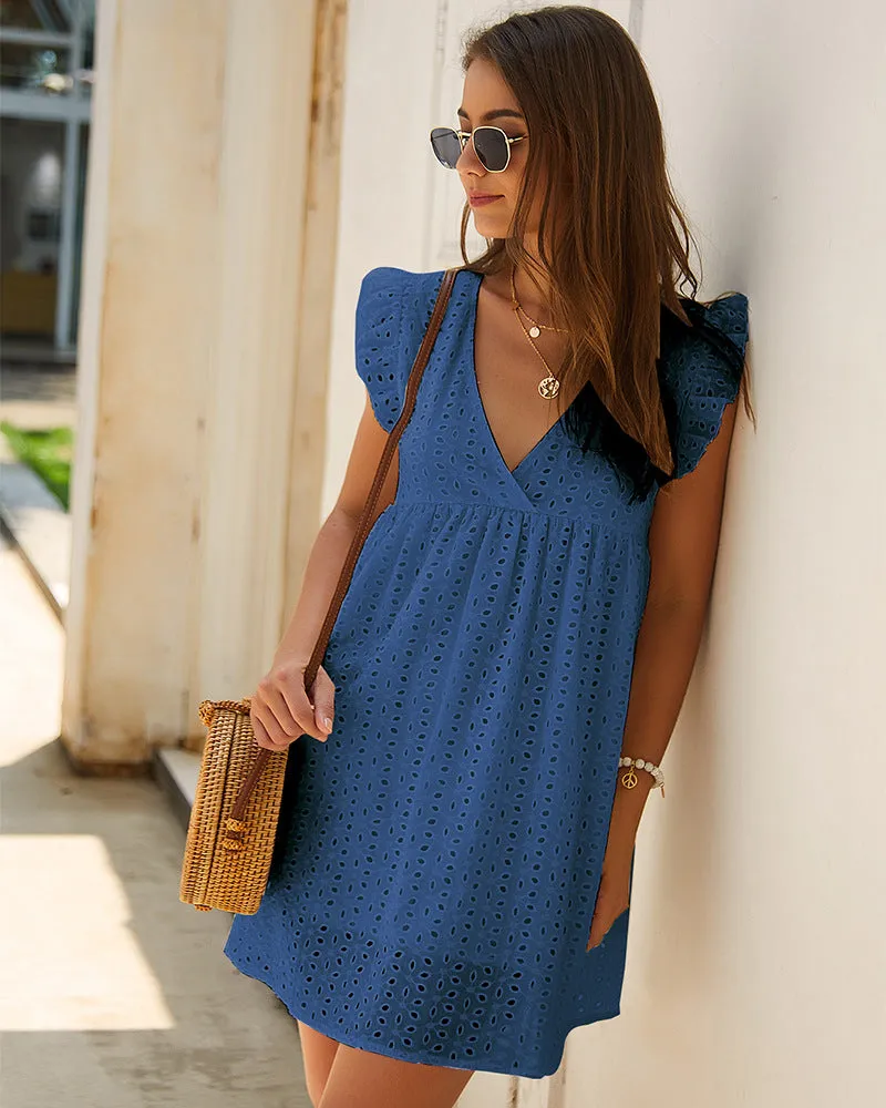 Cotton Short Sleeve A Line Bohemian Mini Flared Dresses White Lace Eyelet