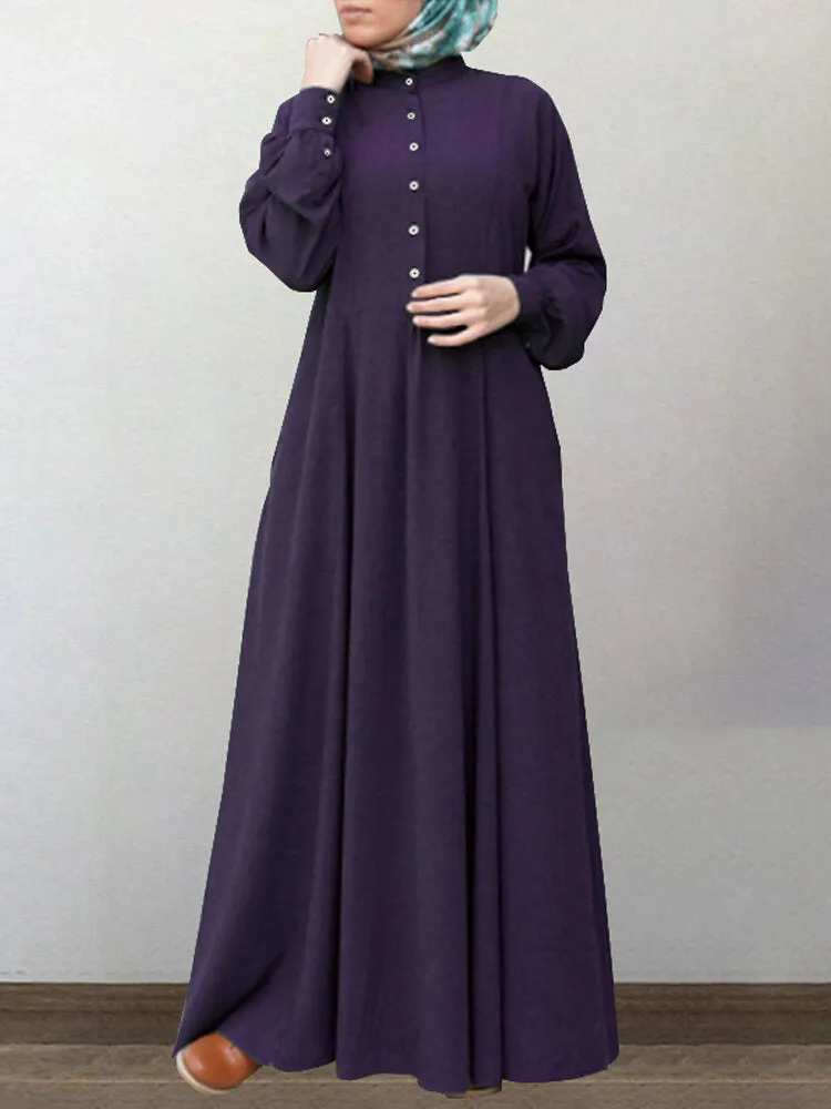 Cotton Solid Retro Mandarin Collar Puff Sleeve Button Up Long Sleeve Women Maxi Dress