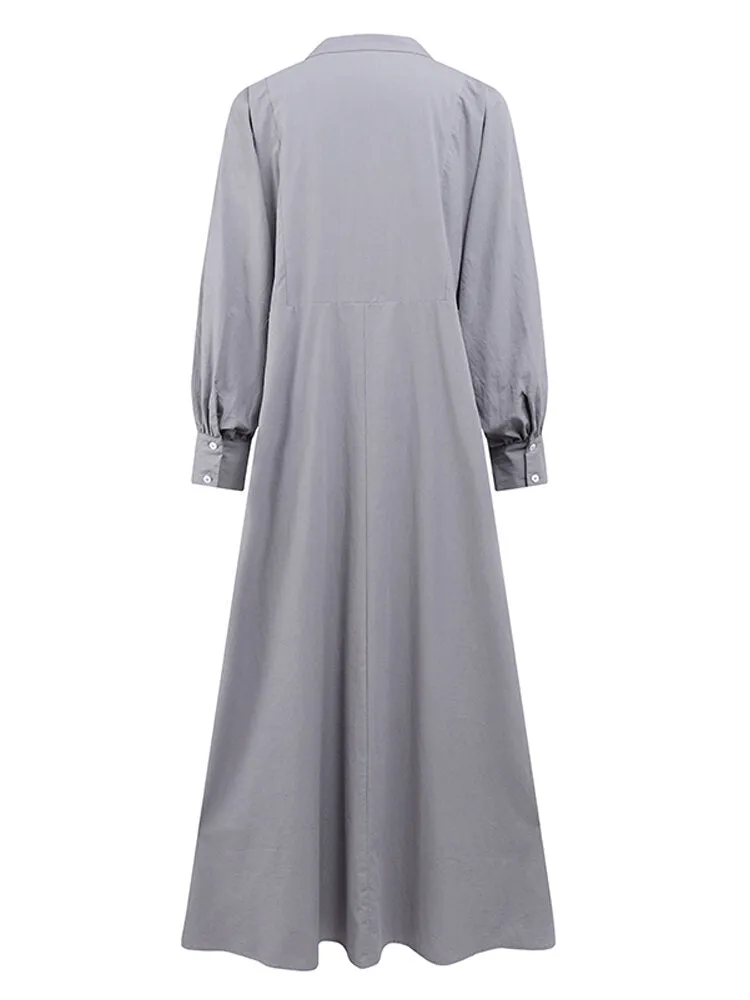 Cotton Solid Retro Mandarin Collar Puff Sleeve Button Up Long Sleeve Women Maxi Dress