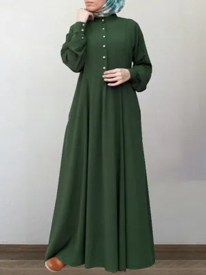 Cotton Solid Retro Mandarin Collar Puff Sleeve Button Up Long Sleeve Women Maxi Dress
