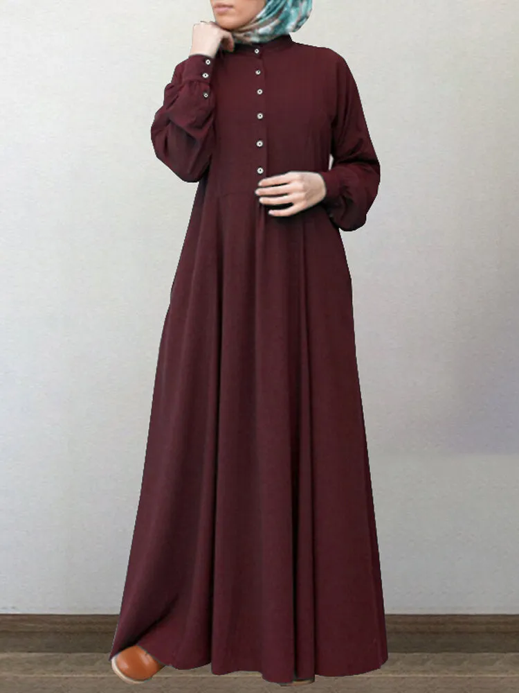 Cotton Solid Retro Mandarin Collar Puff Sleeve Button Up Long Sleeve Women Maxi Dress