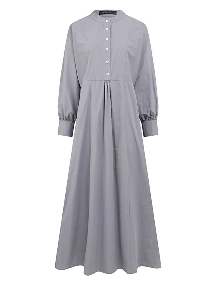 Cotton Solid Retro Mandarin Collar Puff Sleeve Button Up Long Sleeve Women Maxi Dress