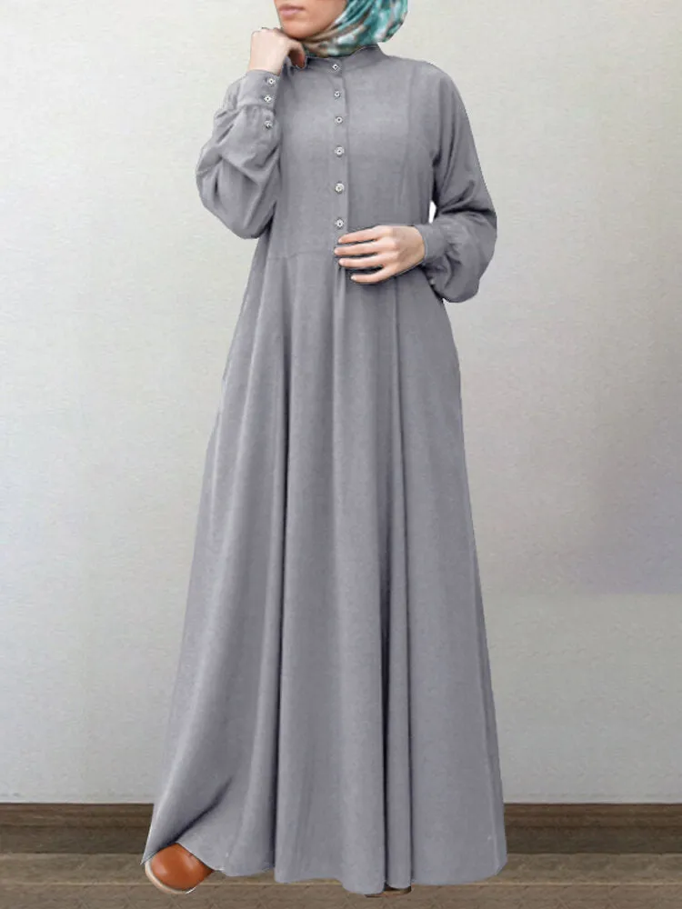 Cotton Solid Retro Mandarin Collar Puff Sleeve Button Up Long Sleeve Women Maxi Dress