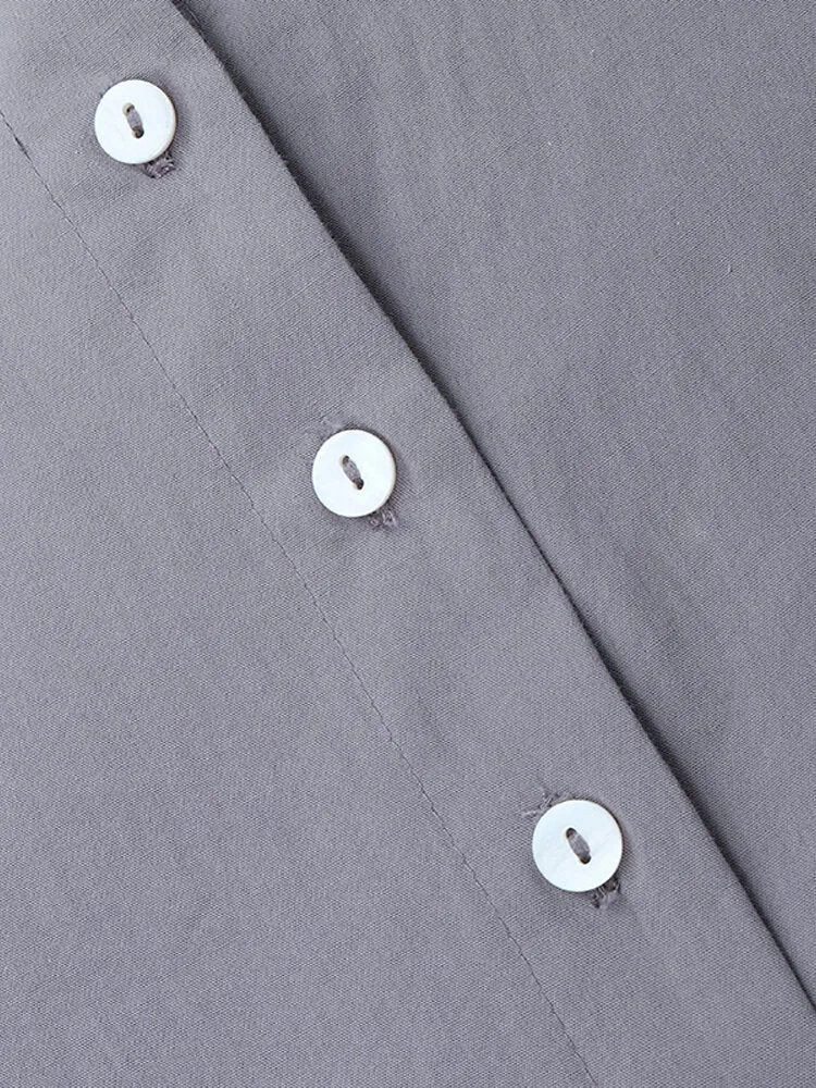 Cotton Solid Retro Mandarin Collar Puff Sleeve Button Up Long Sleeve Women Maxi Dress