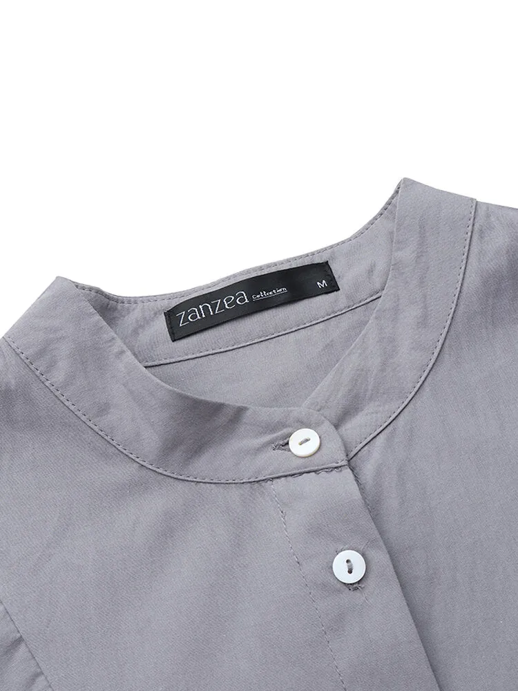 Cotton Solid Retro Mandarin Collar Puff Sleeve Button Up Long Sleeve Women Maxi Dress