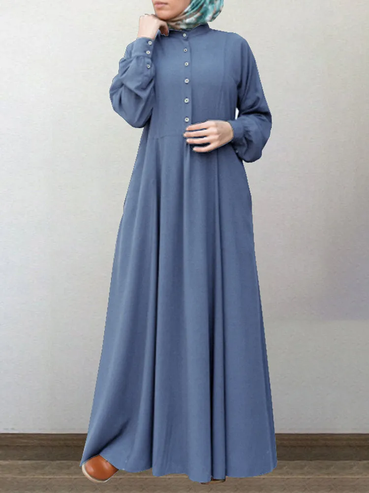 Cotton Solid Retro Mandarin Collar Puff Sleeve Button Up Long Sleeve Women Maxi Dress