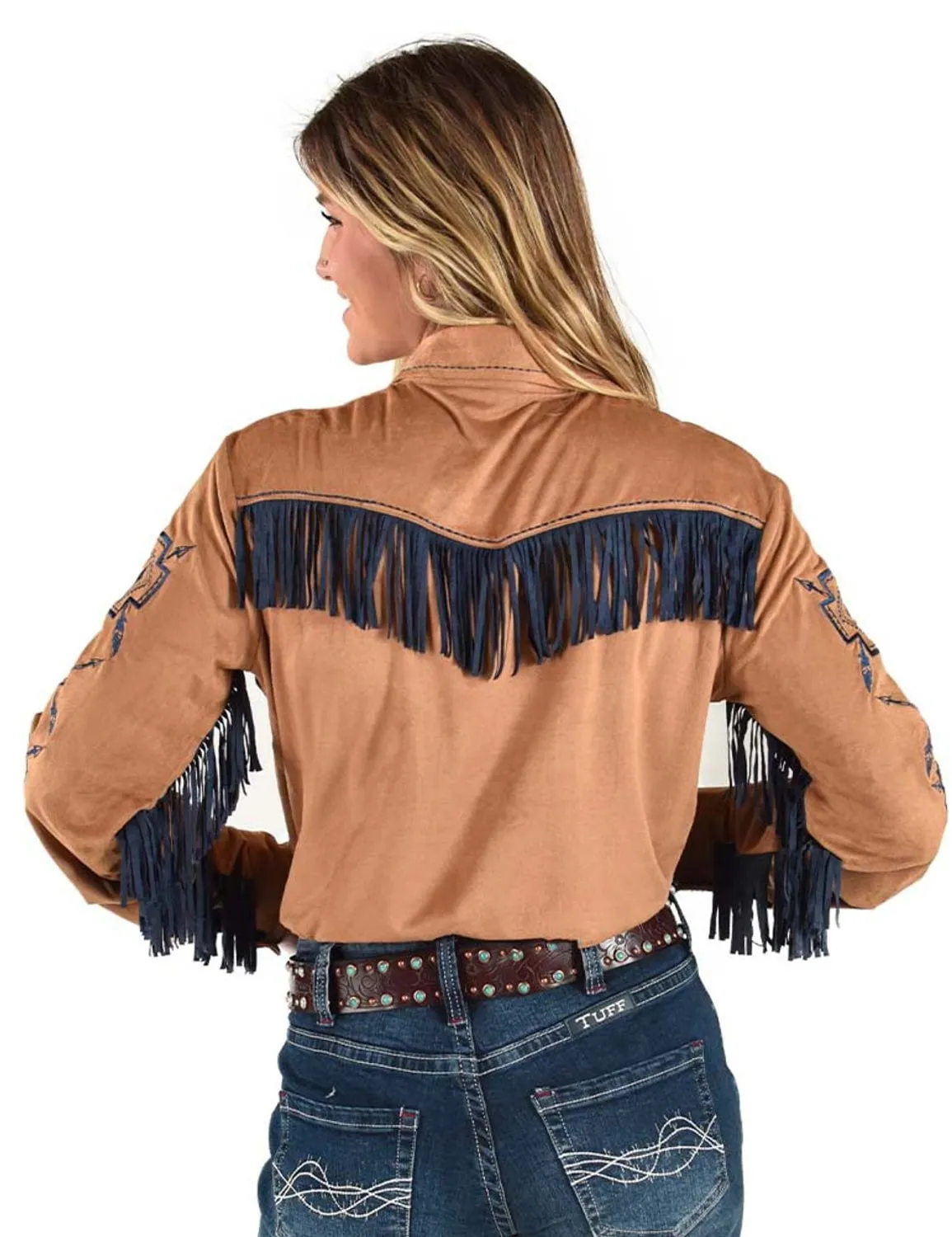 Cowgirl Tuff Womens Blue Fringe Pullover Tan Polyester L/S Shirt