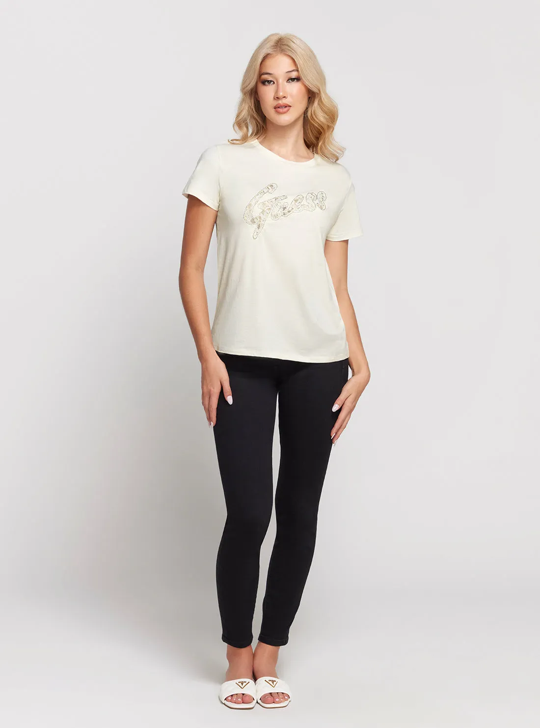 Cream Short Sleeves Lace Logo T-Shirt