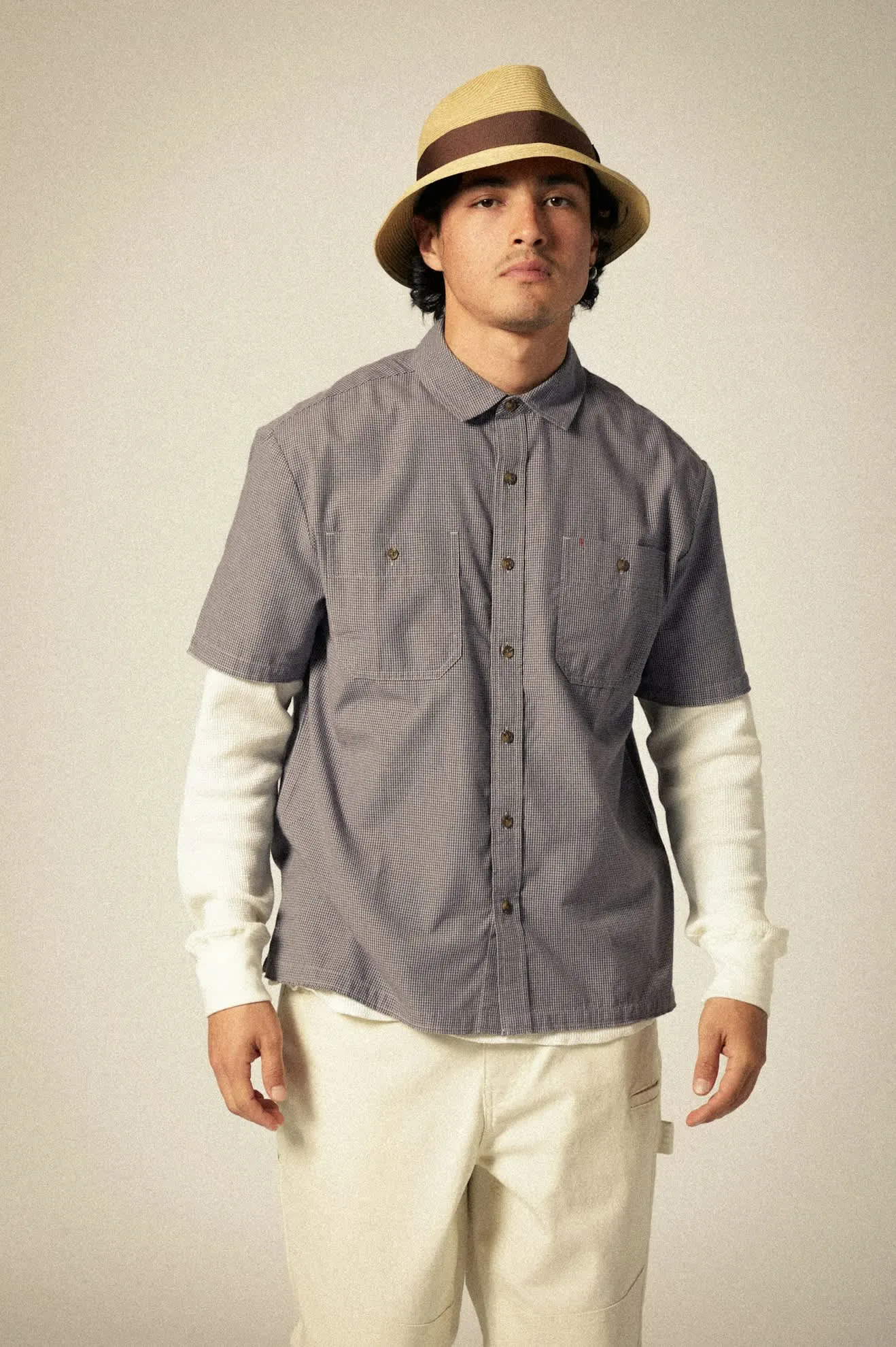 CRU Micro Plaid Relaxed S/S Shirt - Washed Navy Micro Plaid