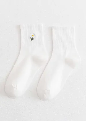 Daisy Embroidered Crew Socks - White