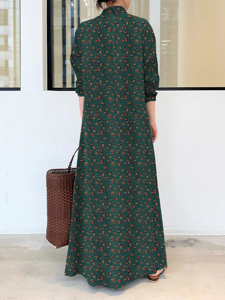 Ditsy Floral Print Long Sleeve Lapel Collar Vintage Shirt Pocket Women Maxi Dress