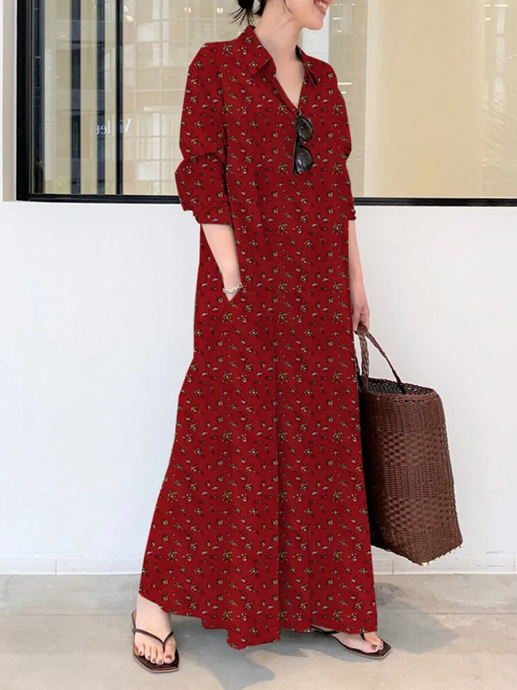 Ditsy Floral Print Long Sleeve Lapel Collar Vintage Shirt Pocket Women Maxi Dress