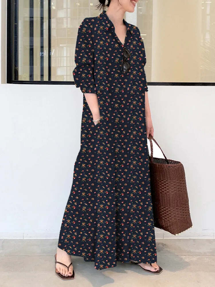 Ditsy Floral Print Long Sleeve Lapel Collar Vintage Shirt Pocket Women Maxi Dress