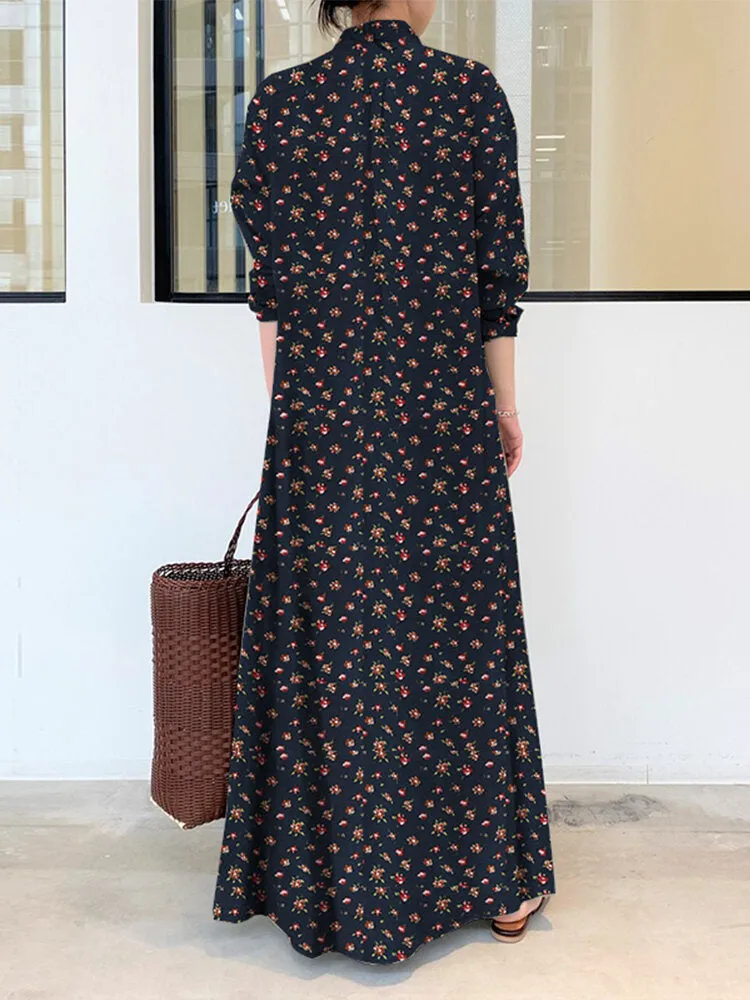 Ditsy Floral Print Long Sleeve Lapel Collar Vintage Shirt Pocket Women Maxi Dress