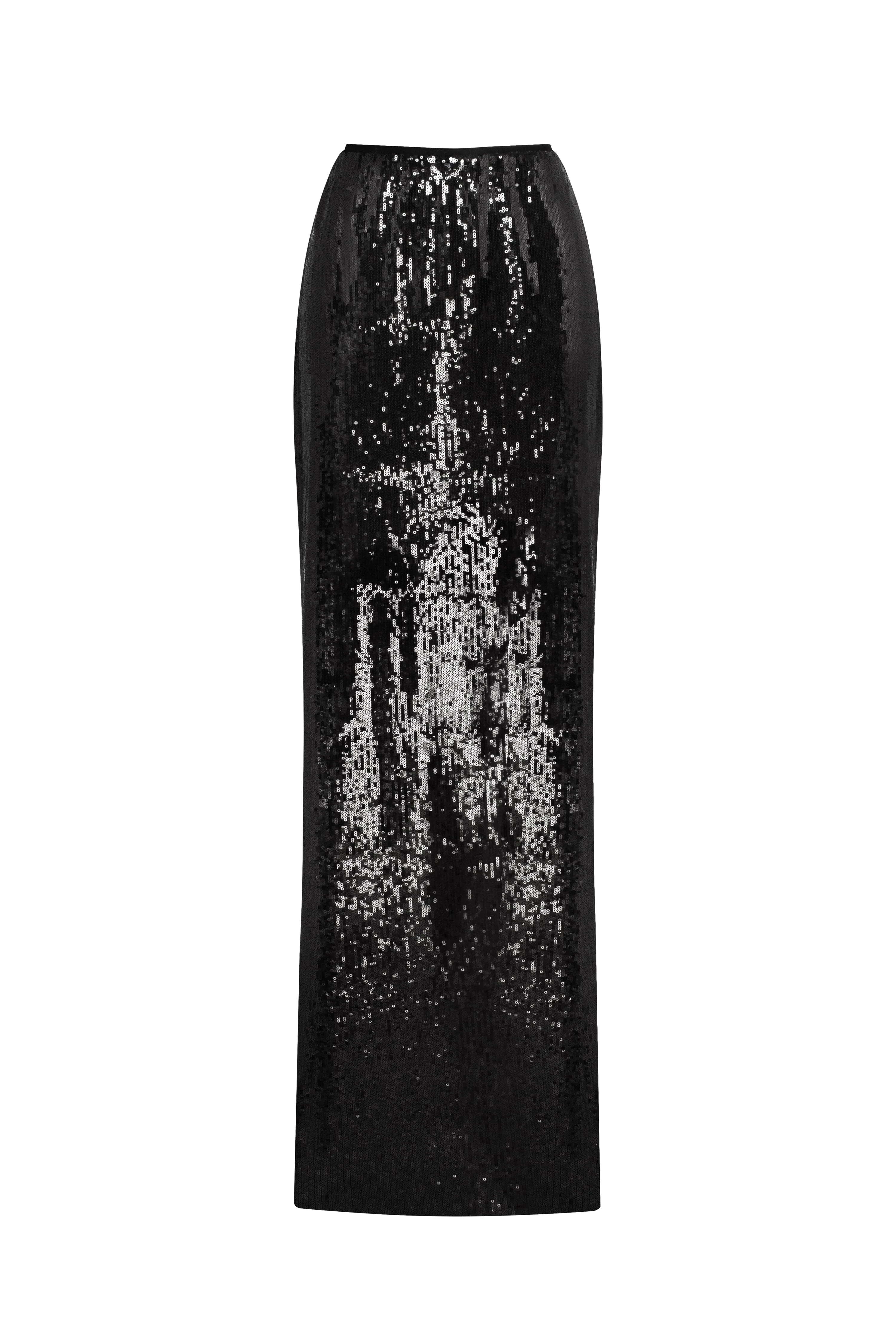 Dramatic fitted sequined black maxi skirt, Midnight Walk