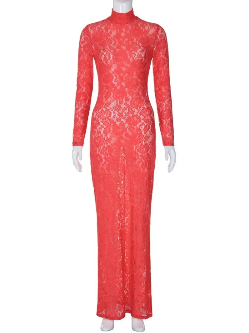 Elegant Sexy See-through Red Lace Evening Dresses
