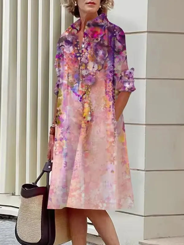 Elegant Women's Floral Pattern Shirt Dress