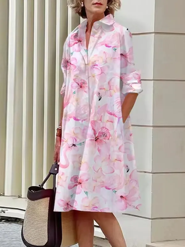 Elegant Women's Floral Pattern Shirt Dress