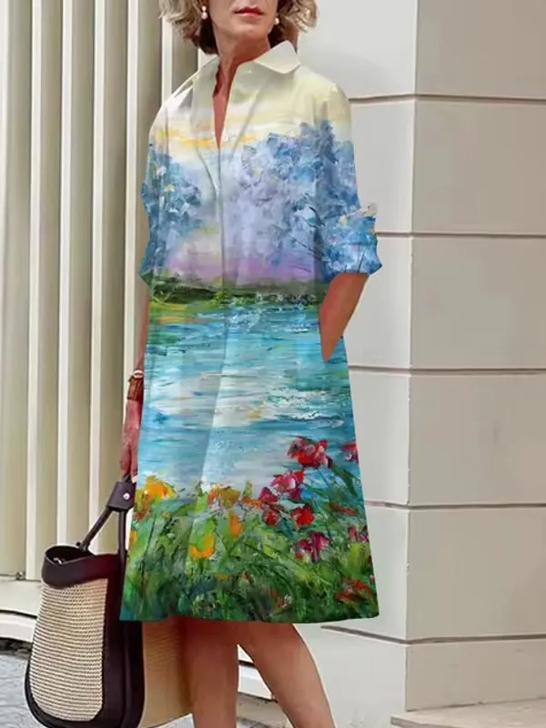 Elegant Women's Floral Pattern Shirt Dress