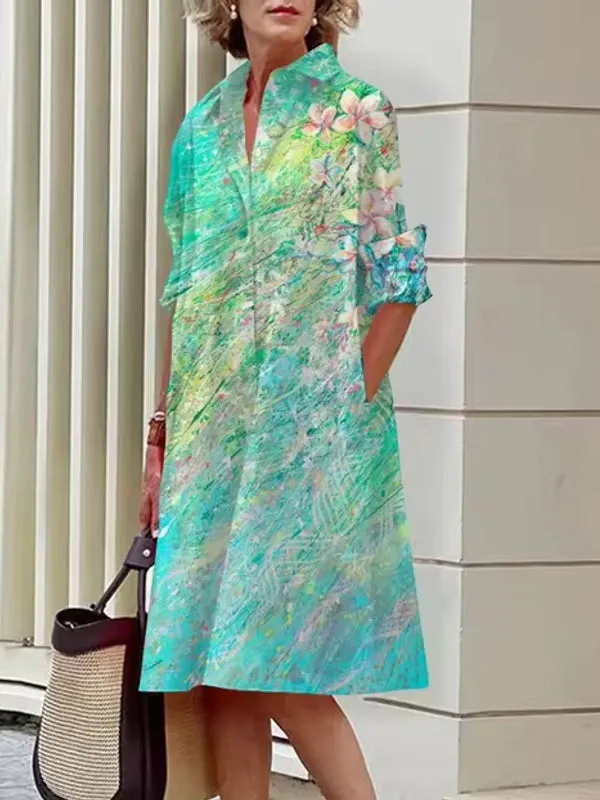 Elegant Women's Floral Pattern Shirt Dress
