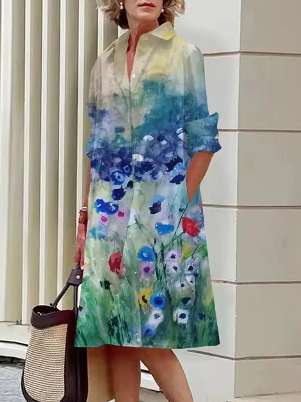 Elegant Women's Floral Pattern Shirt Dress