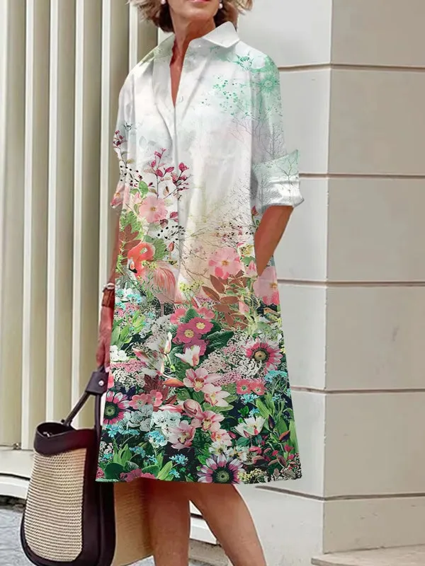 Elegant Women's Floral Pattern Shirt Dress