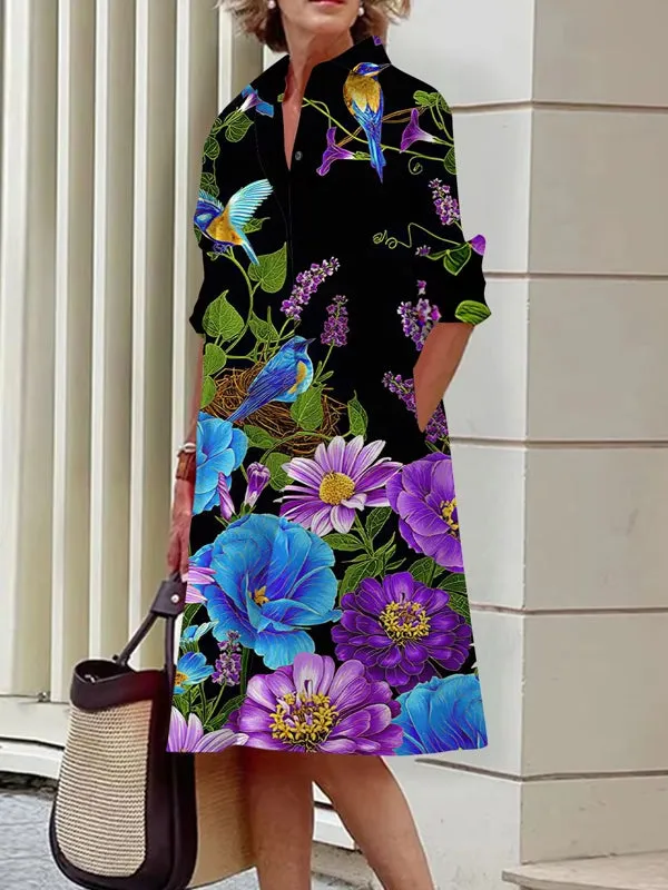 Elegant Women's Floral Pattern Shirt Dress