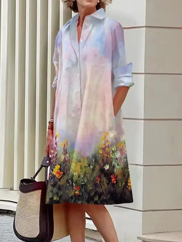 Elegant Women's Floral Pattern Shirt Dress