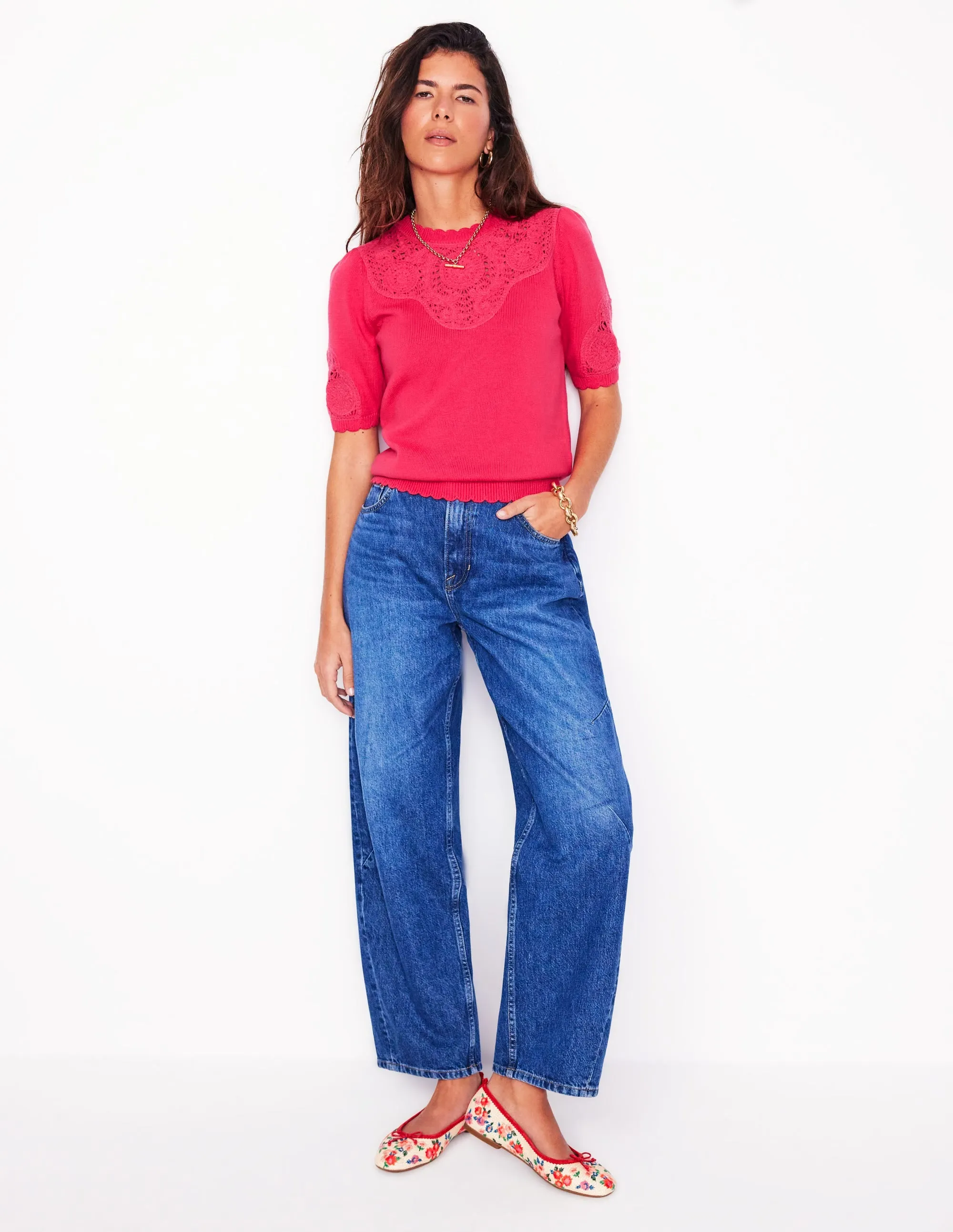 Embroidered Yoke Knitted Tee-Camelia Pink