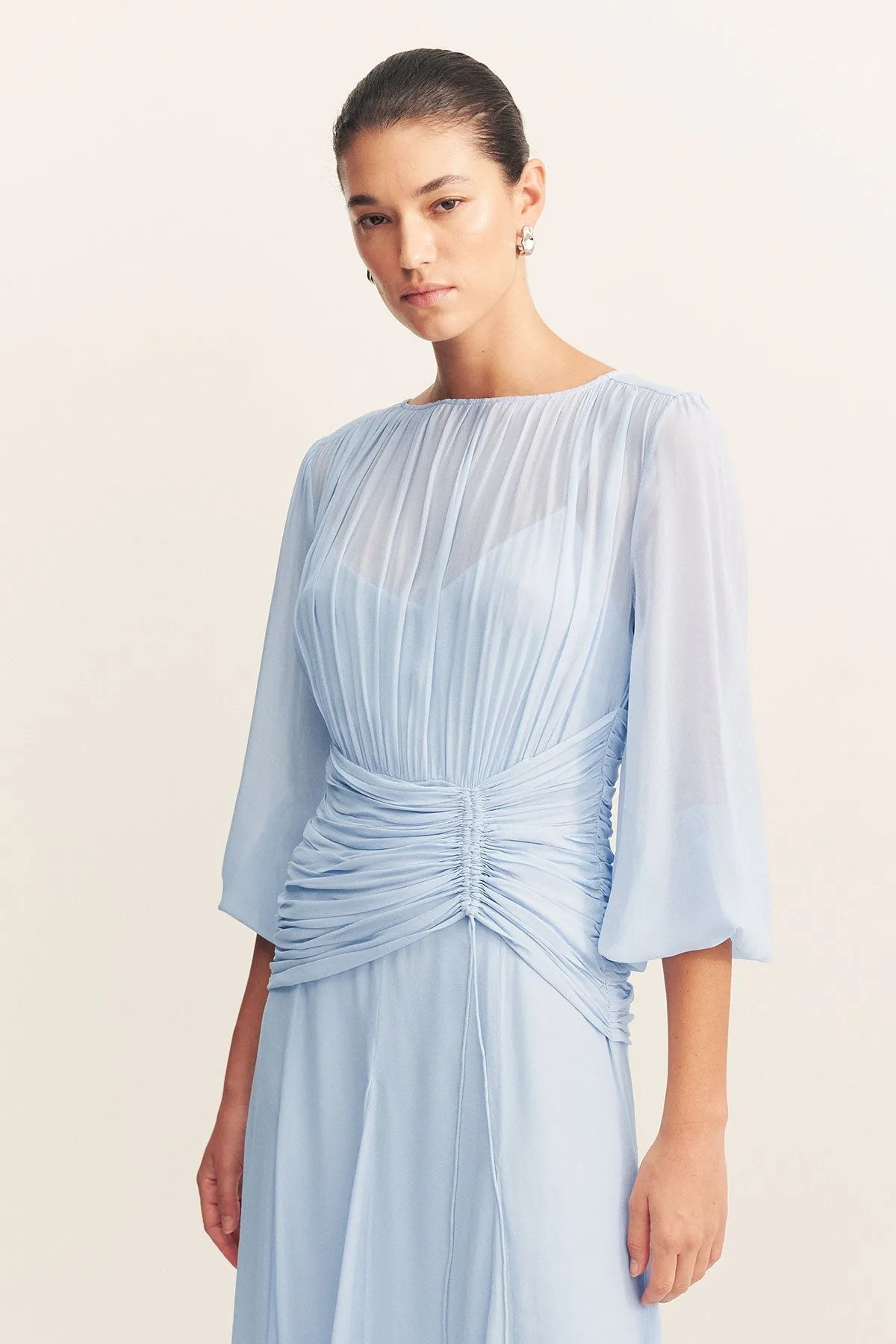 EMORY HIGH NECK BALLOON SLEEVE MAXI DRESS - ARCADIAN BLUE