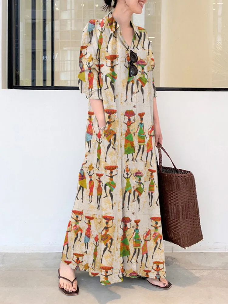 Ethnic Figure Print Lapel Long Sleeve Shirt Pocket Women Maxi Dress