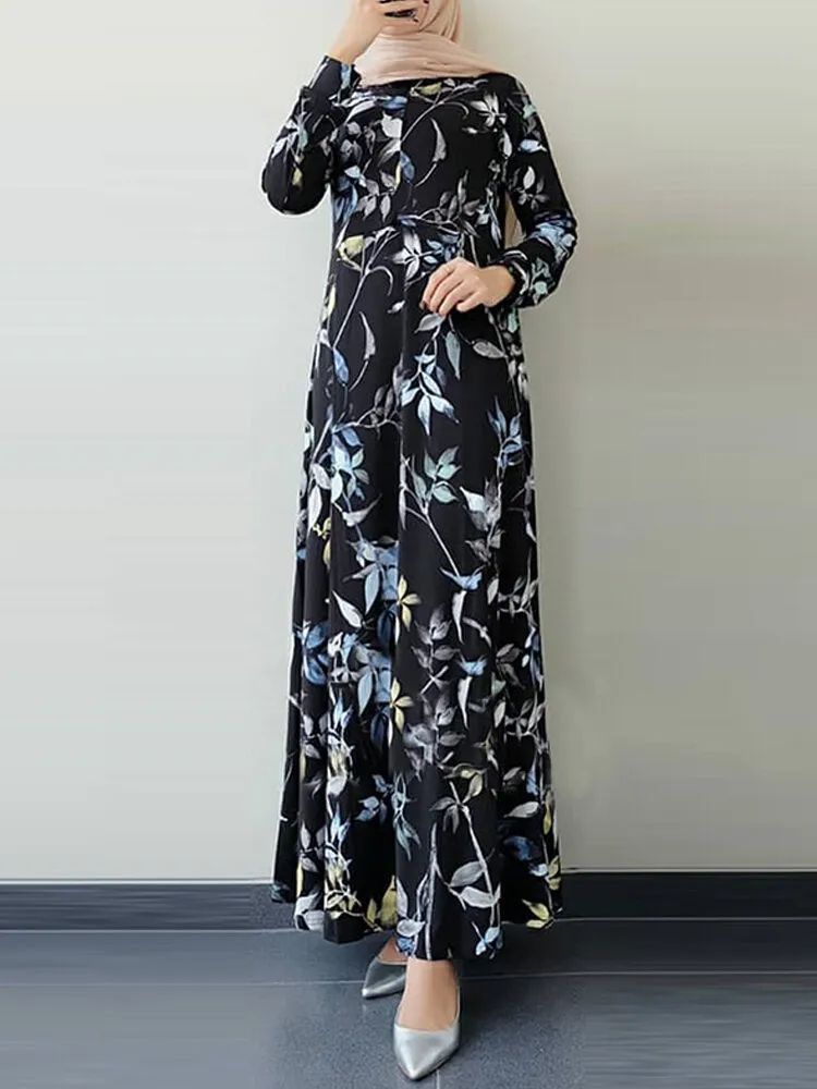 Ethnic Floral Print O-neck Bohemian Casual Long Sleeve Women Maxi Dress