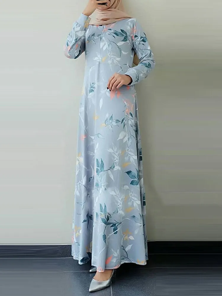 Ethnic Floral Print O-neck Bohemian Casual Long Sleeve Women Maxi Dress