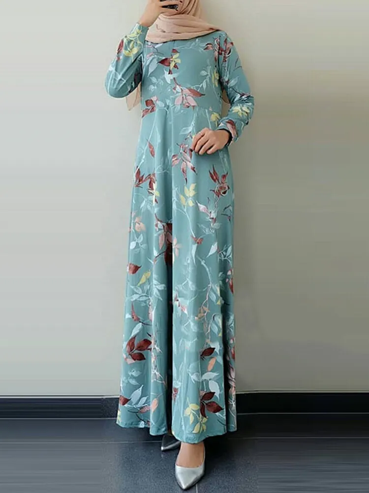 Ethnic Floral Print O-neck Bohemian Casual Long Sleeve Women Maxi Dress