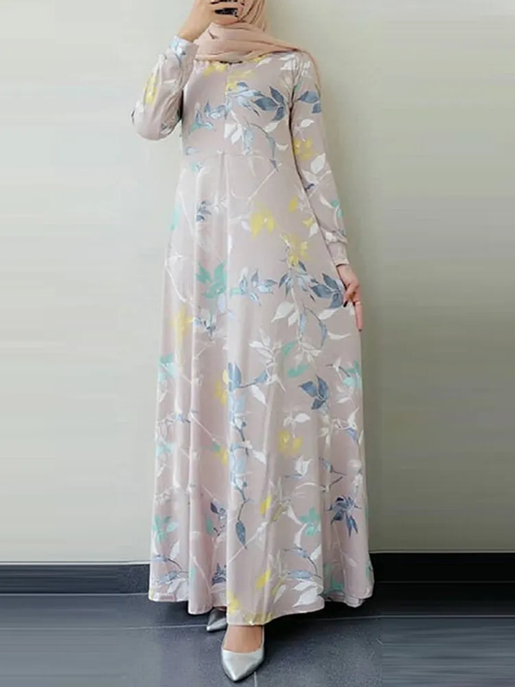 Ethnic Floral Print O-neck Bohemian Casual Long Sleeve Women Maxi Dress