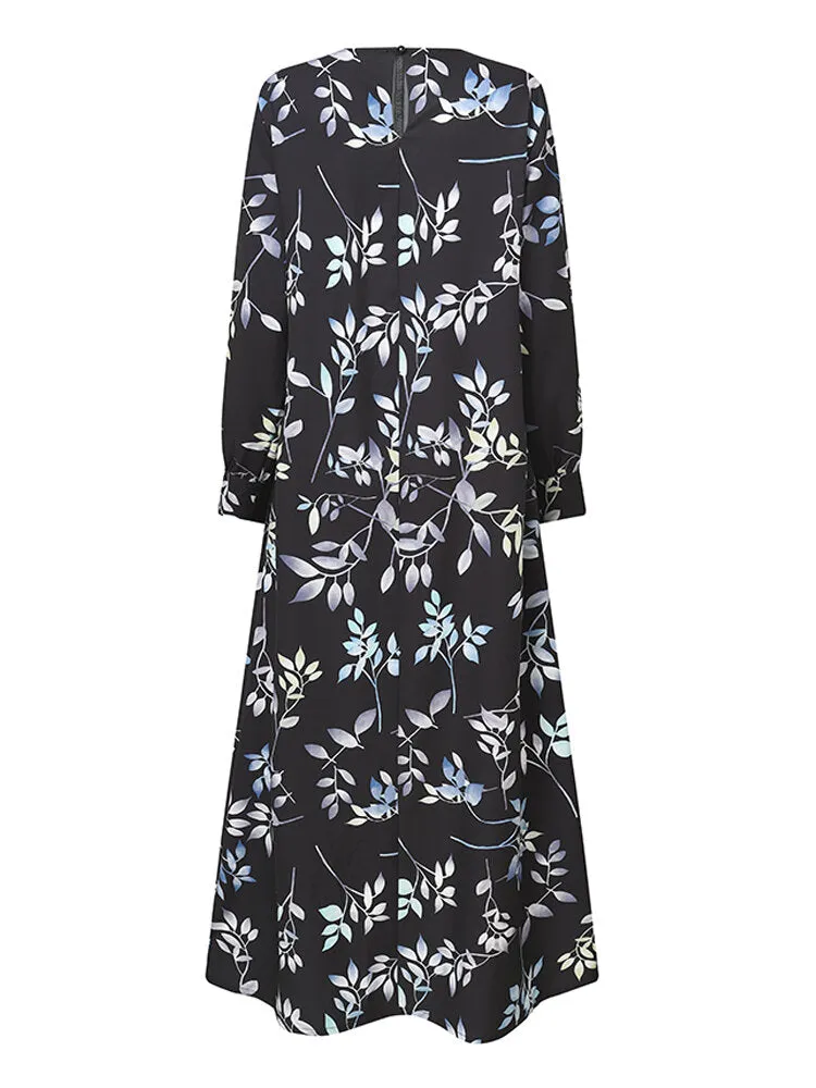 Ethnic Floral Print O-neck Bohemian Casual Long Sleeve Women Maxi Dress