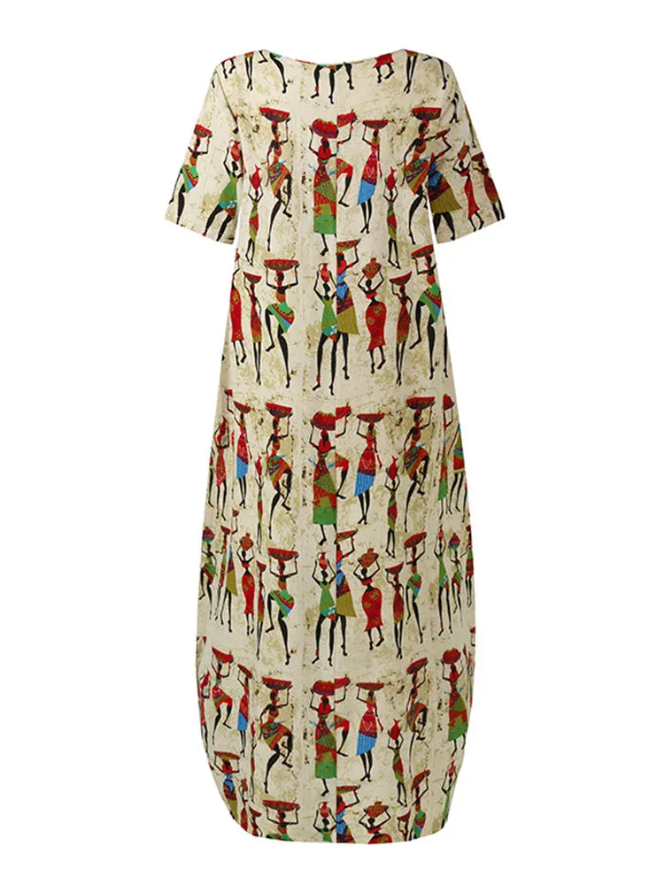 Ethnic Style Figure Print Round Neck Short Sleeve Loose Baggy Women Maxi Dress