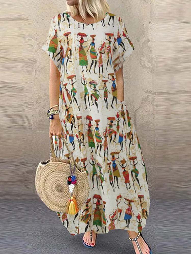 Ethnic Style Figure Print Round Neck Short Sleeve Loose Baggy Women Maxi Dress