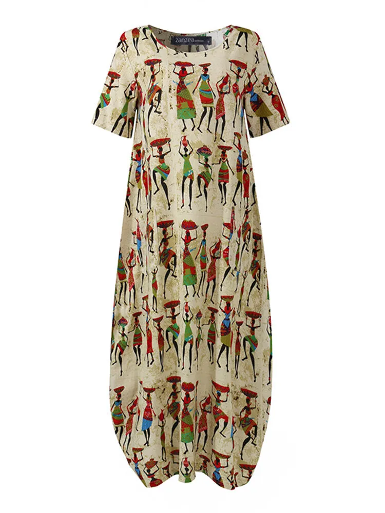 Ethnic Style Figure Print Round Neck Short Sleeve Loose Baggy Women Maxi Dress