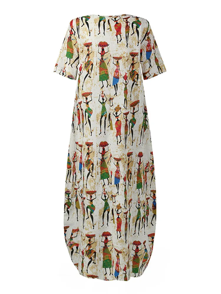 Ethnic Style Figure Print Round Neck Short Sleeve Loose Baggy Women Maxi Dress