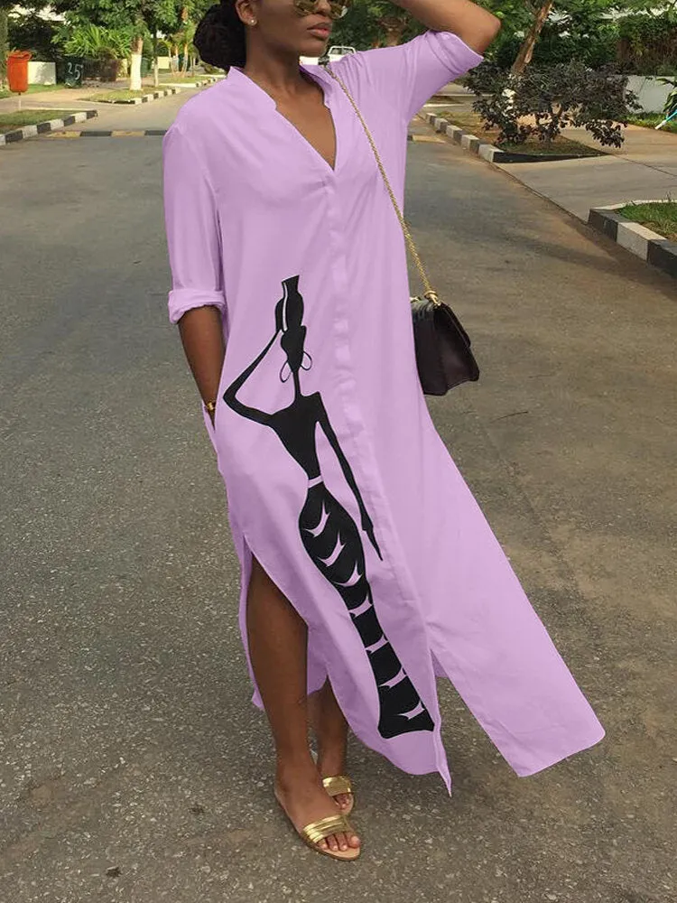 Figure Print Long Sleeve V-neck Split Design Women Maxi Dress