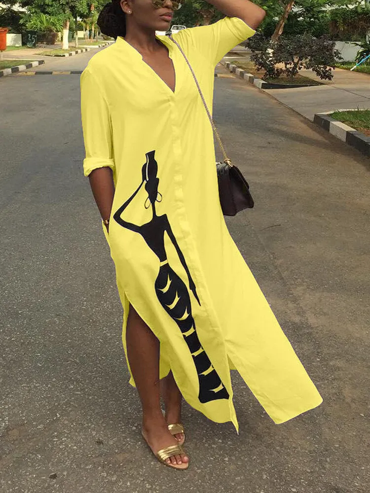 Figure Print Long Sleeve V-neck Split Design Women Maxi Dress