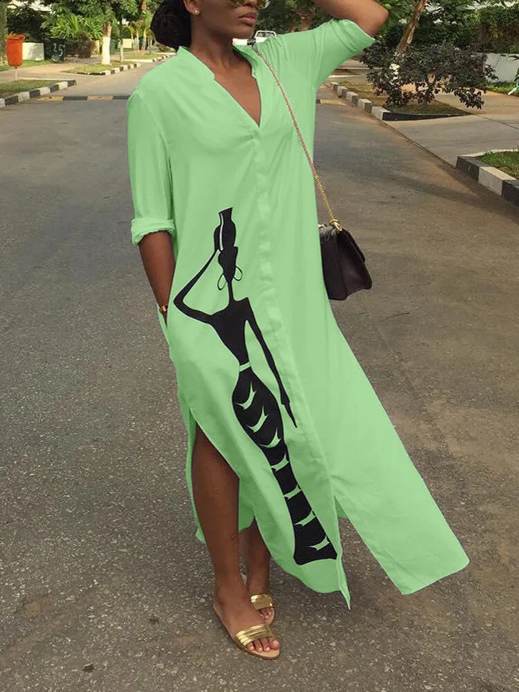 Figure Print Long Sleeve V-neck Split Design Women Maxi Dress