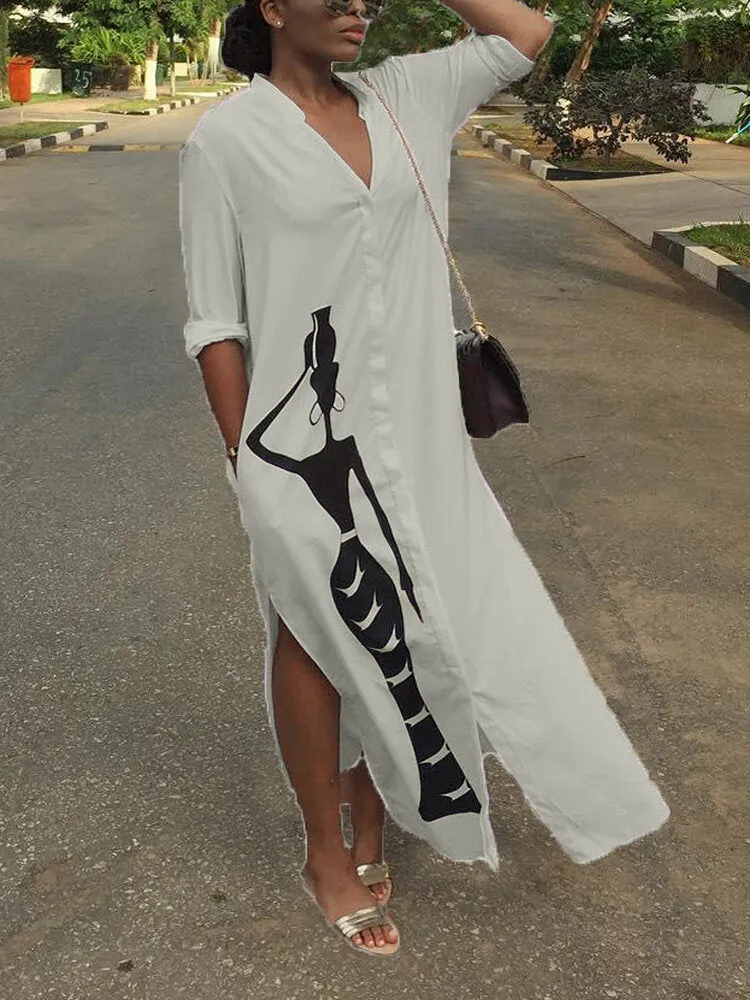 Figure Print Long Sleeve V-neck Split Design Women Maxi Dress