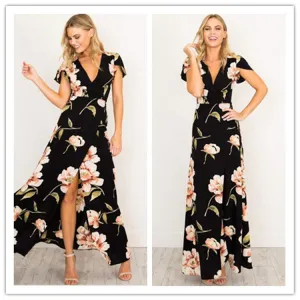 Floral Cotton Dress V-neck Printed Long Skirt