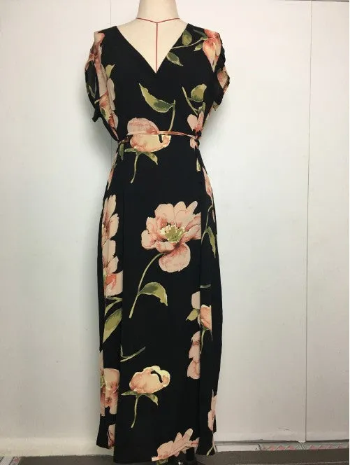 Floral Cotton Dress V-neck Printed Long Skirt