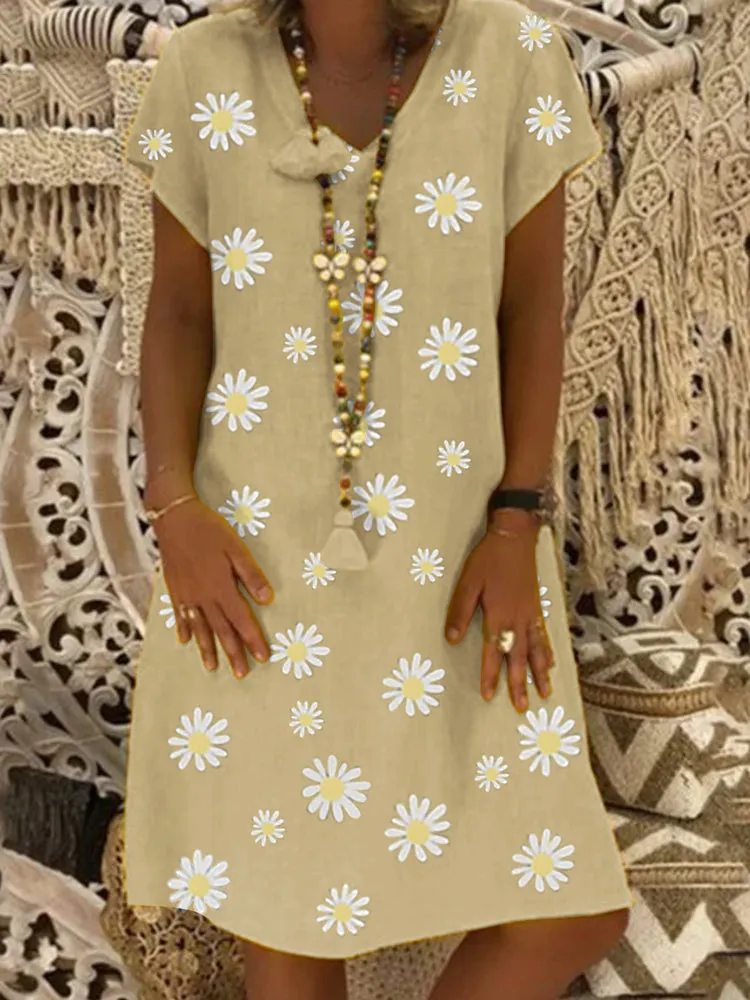 Floral Dress Women V-neck Short Sleeve Loose Casual Dress